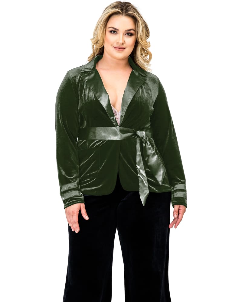 Front of a model wearing a size L Women's Velvet Satin Belt Wrap Smoking Jacket in Green by Standards & Practices. | dia_product_style_image_id:280777